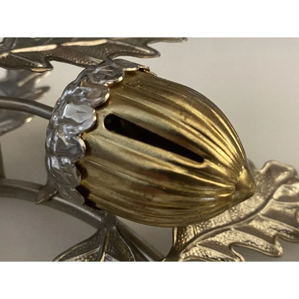 Silver‎ & Gold Tone Horizontal Candlestick Stick Holder Leaf w Hazelnut Design